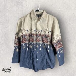 Panhandle Youth Large Western Shirt Beige Blue Aztec Long Sleeve Button Up